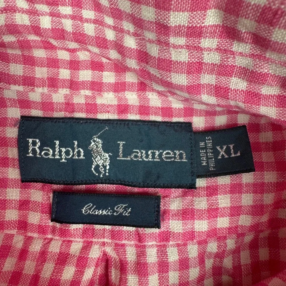Ralph Lauren Shirt XL Linen Pink Gingham Preppy Short Sleeve Classic Fit Button